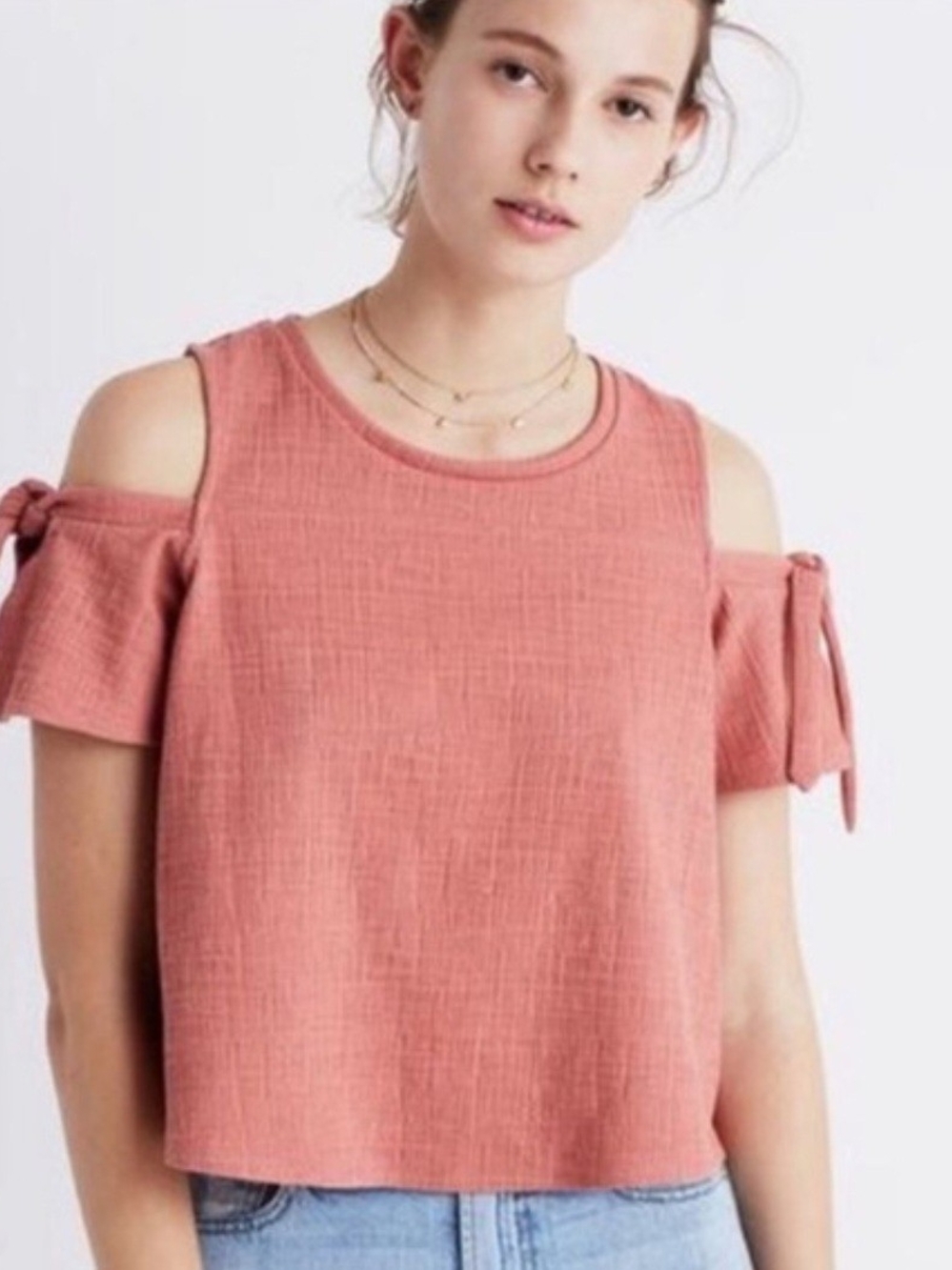 Madewell Dusty Rose Cold-Shoulder Tie-Sleeve Crop Top